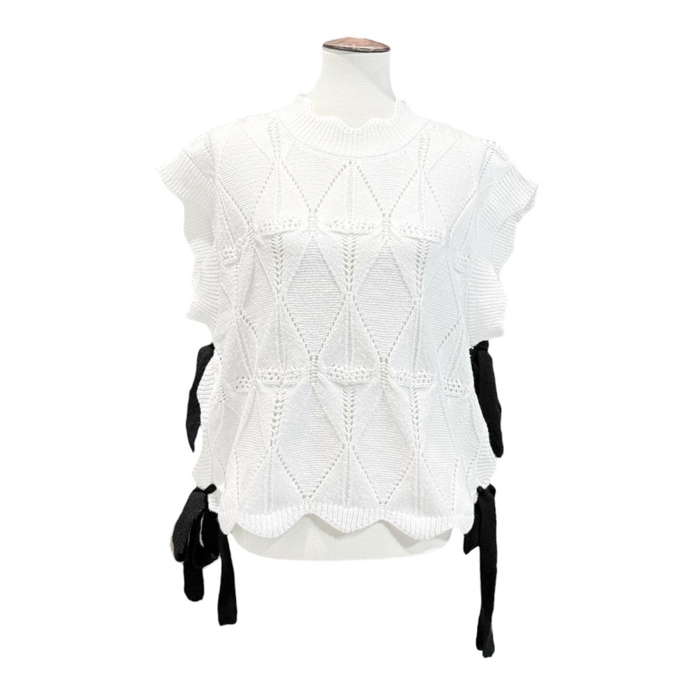 37 Orchard Side Tie Sweater Vest, White Scalloped Coquette Top Black Ties, Sz L